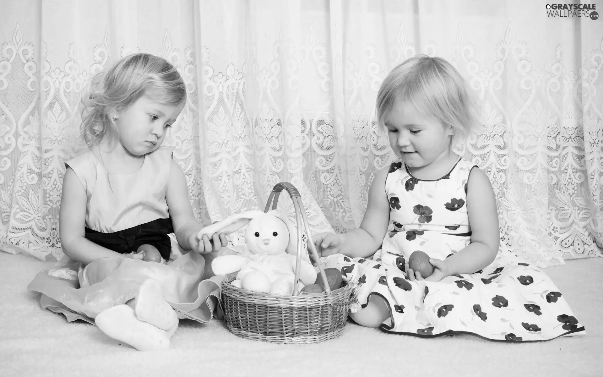 girls, eggs, plush toy, basket