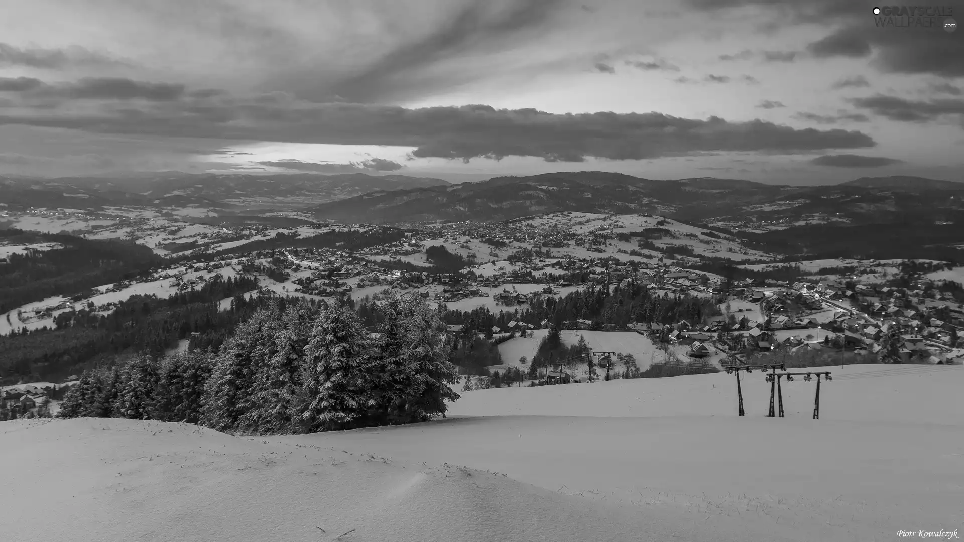 Town, Great Sunsets, viewes, Mountains, winter, trees, Poland