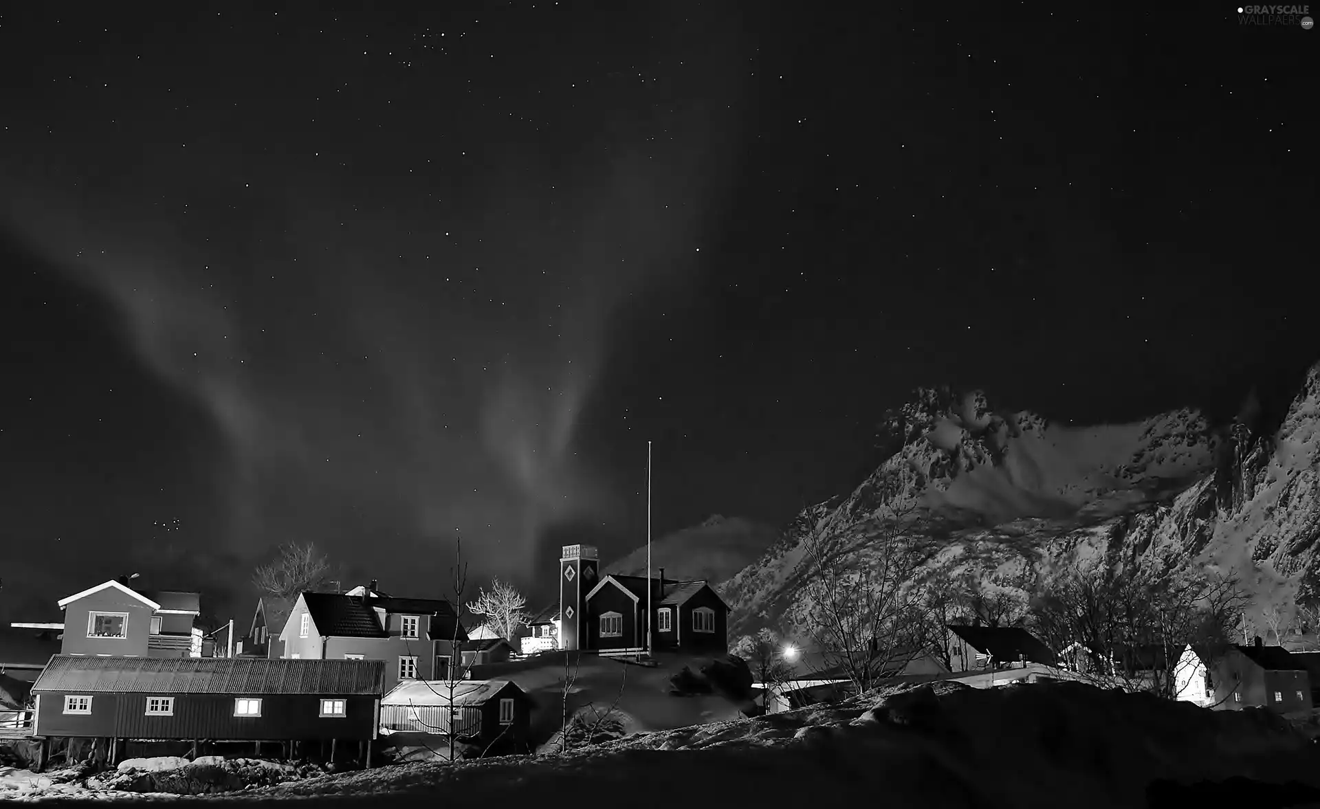 Mountains, Houses, Polaris, Lofoten, dawn, colony