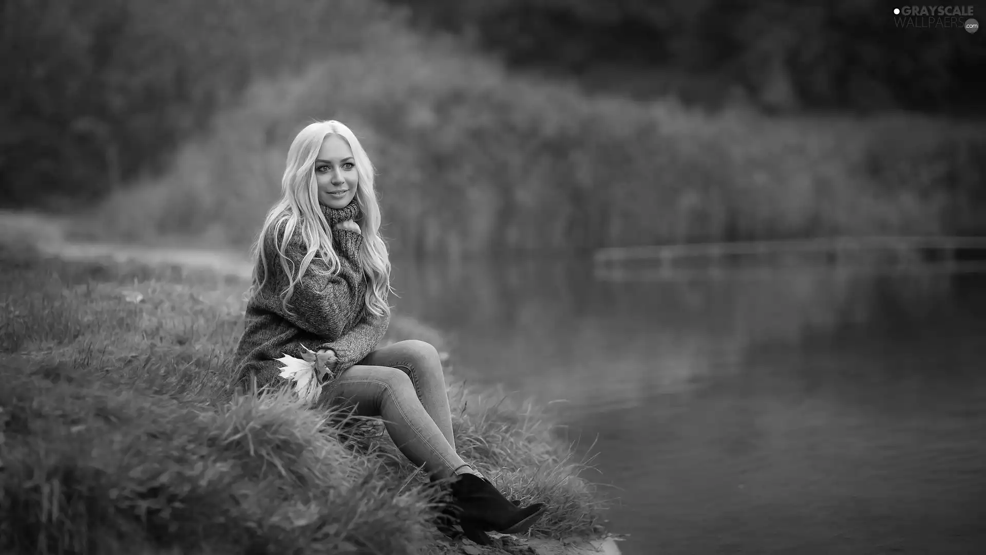 Women, Pond - car, Leaf, Blonde