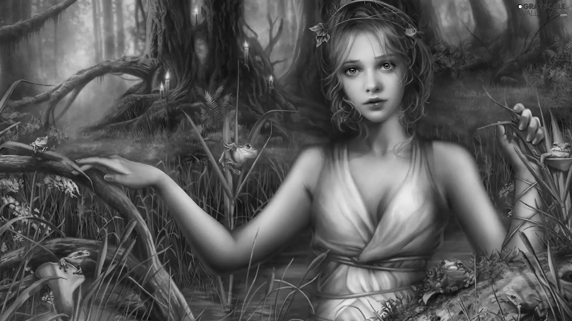 girl, forest, pond, hands