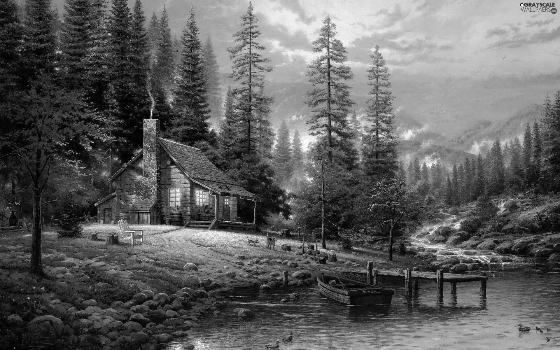 Pond - car, Thomas Kinkade, trees, viewes, Home