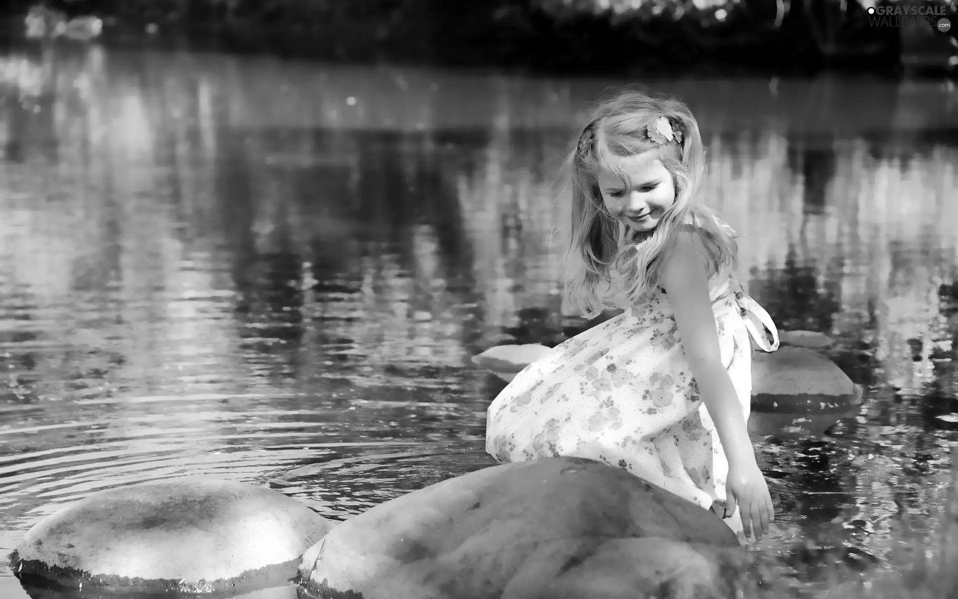 Stones, girl, Pond - car