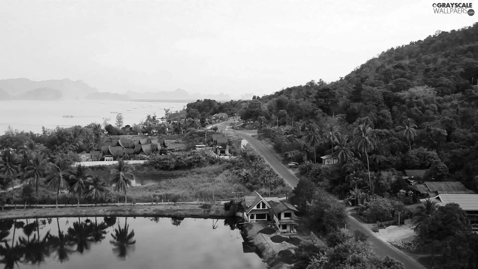 Pond - car, Houses, viewes, Thailand, trees, Way