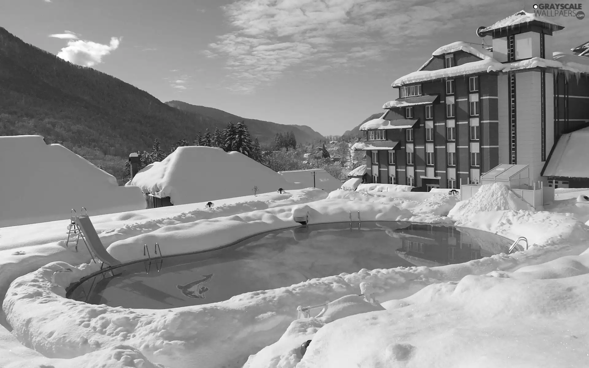 Mountains, snow, Pool, guesthouse