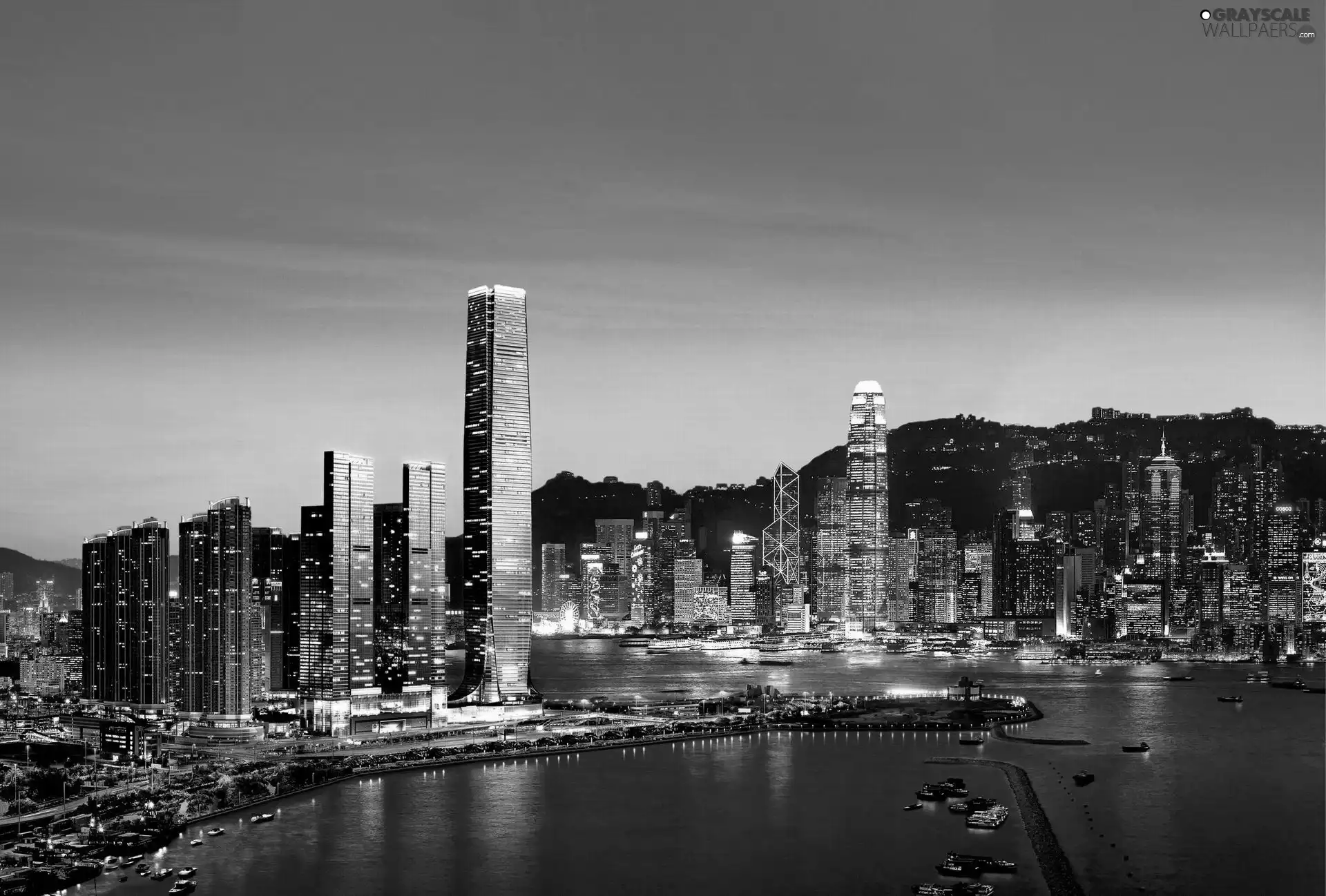 port, Yachts, night, skyscraper, Hong Hong