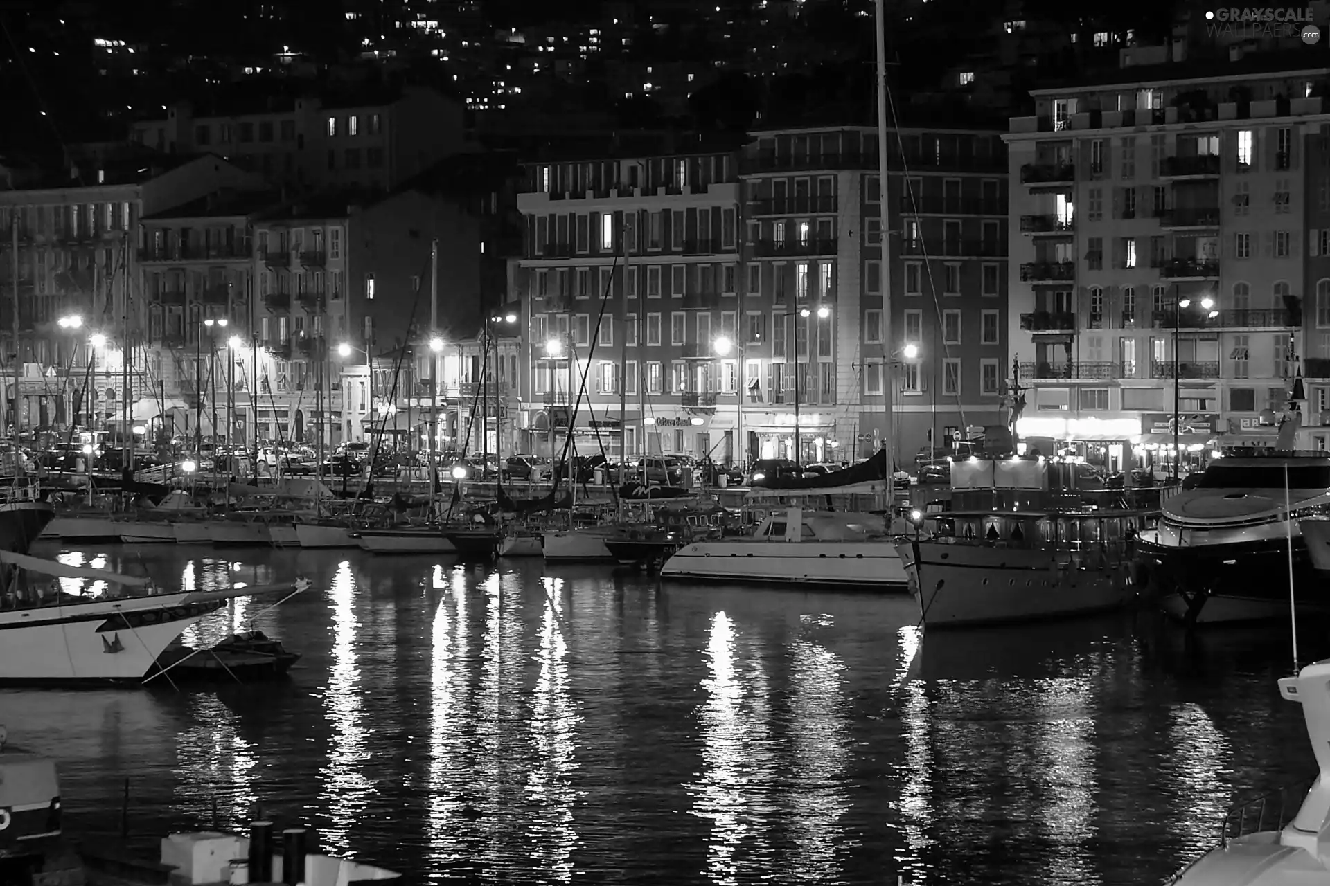 Coast, night, Boats, sea, Nicea, port, Yachts