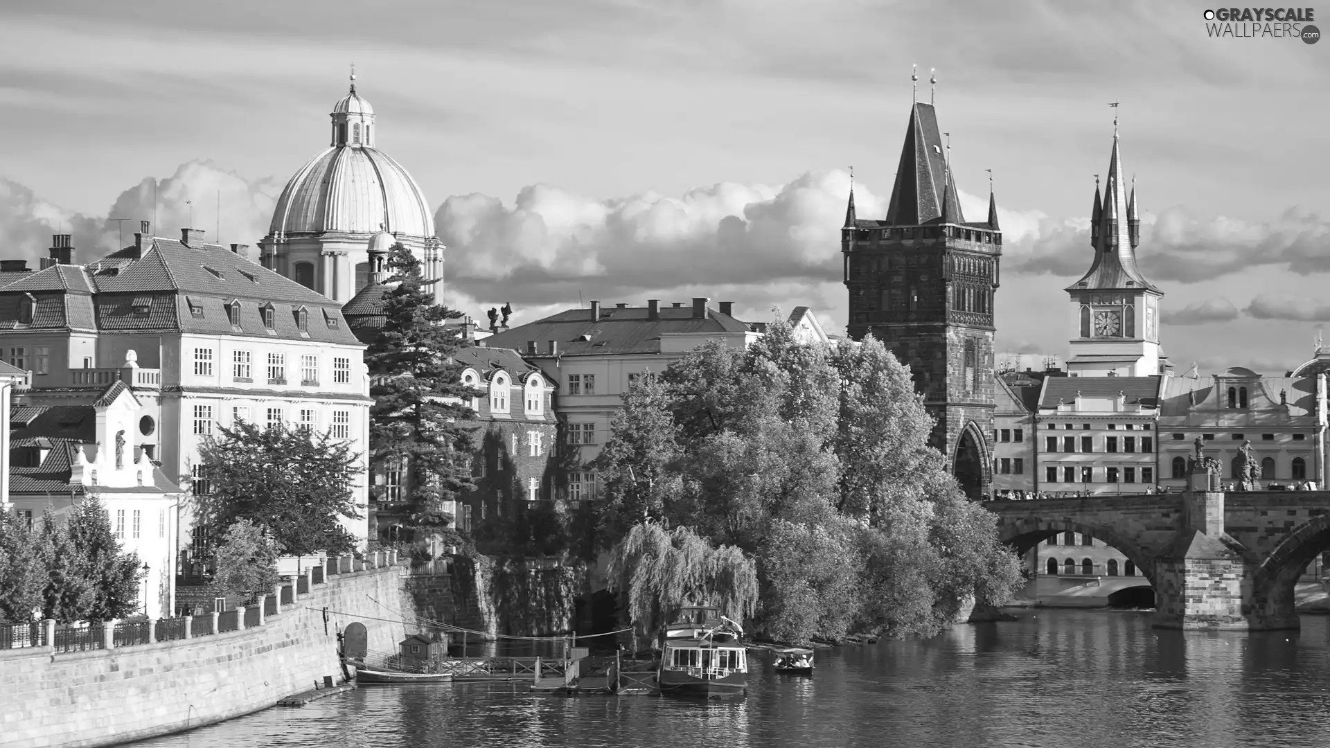 Houses, River, Prague, bridge