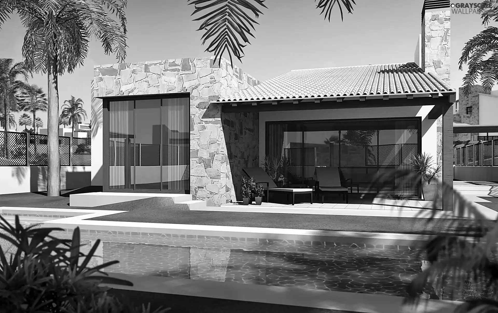 Palms, Przebijające, luminosity, ligh, flash, Pool, house, sun