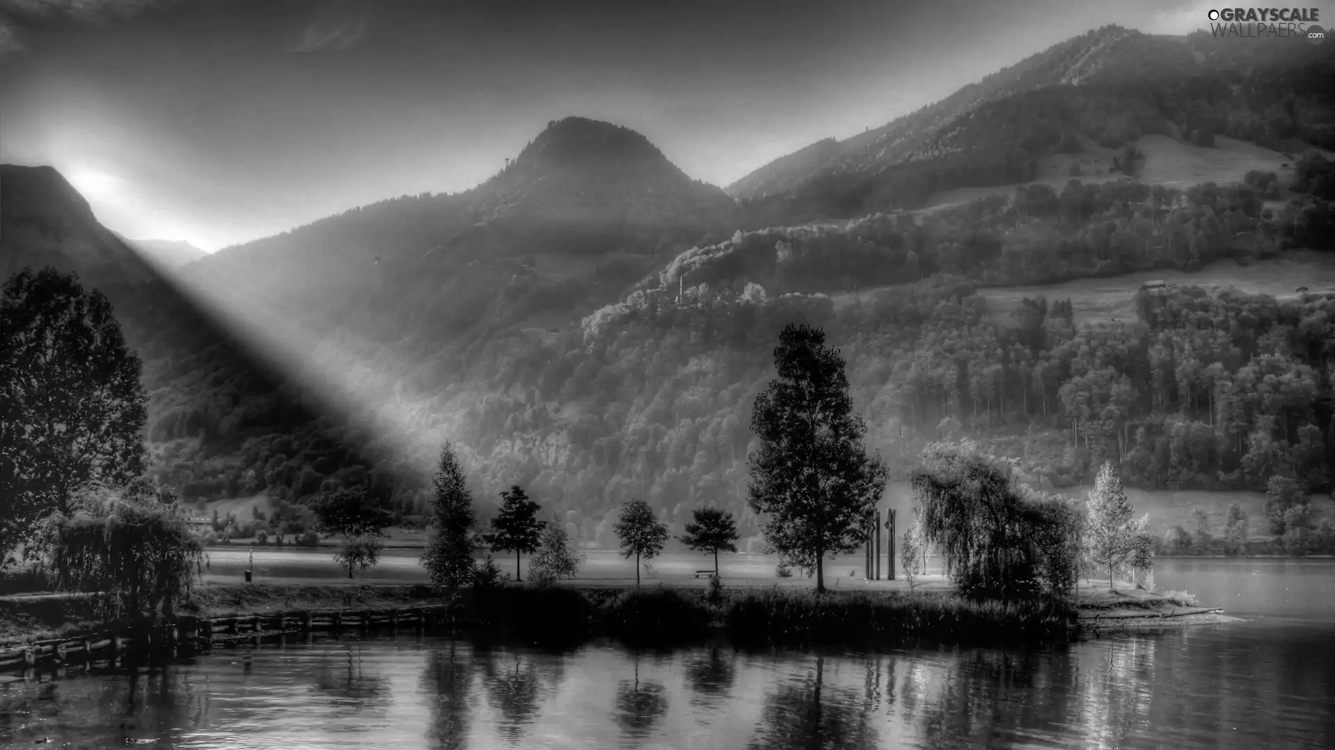 viewes, River, Przebijające, sun, Mountains, trees