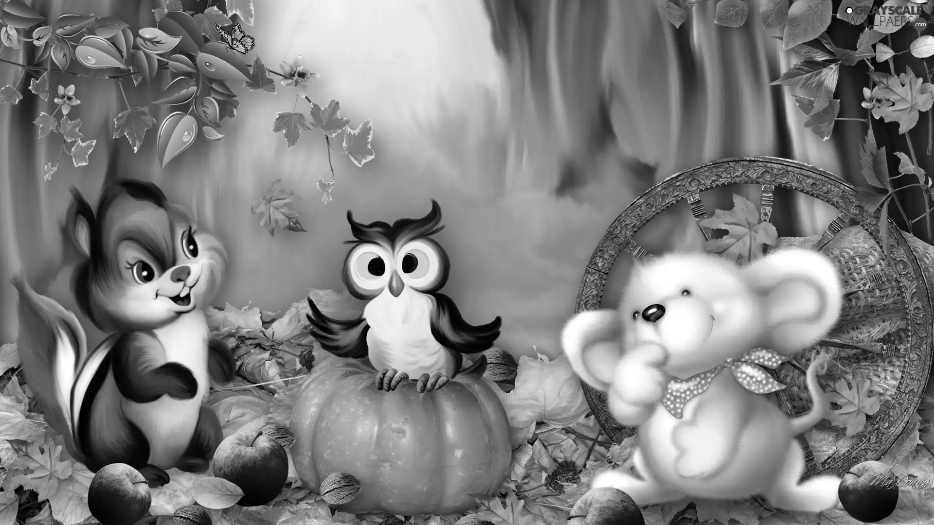 mouse, squirrel, pumpkin, apples, Leaf, owl