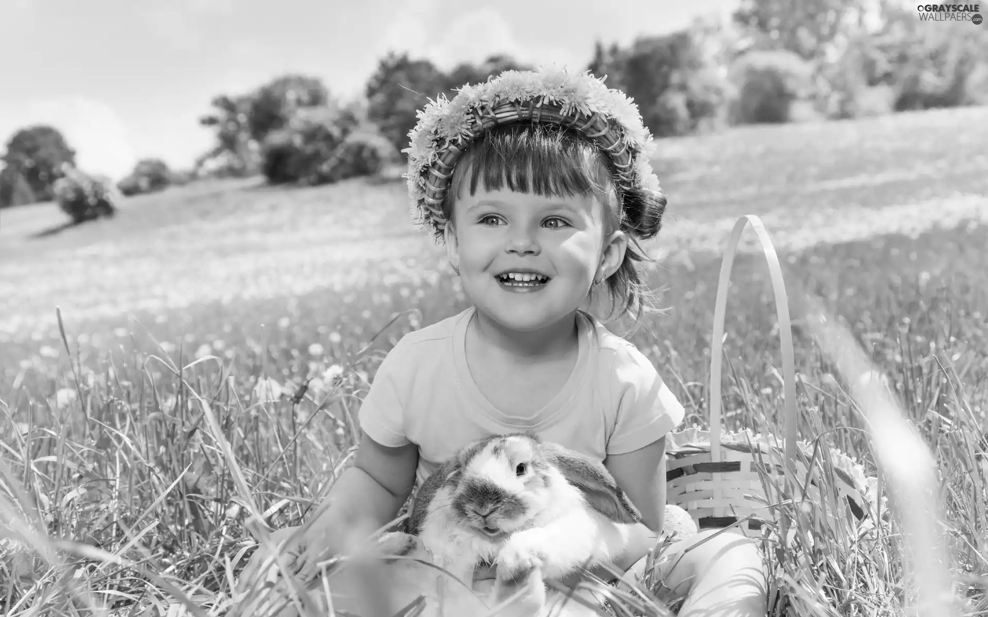 wreath, girl, Rabbit, basket, dandelions, Meadow