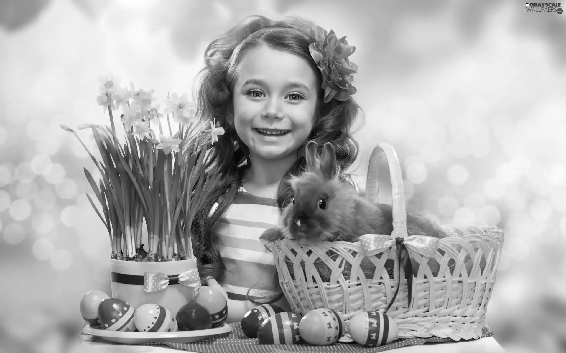 girl, Easter, Rabbit, Daffodils, basket, eggs