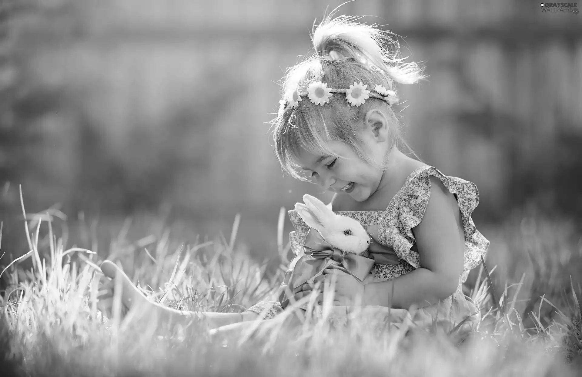 Rabbit, Spring, wreath, Meadow, girl