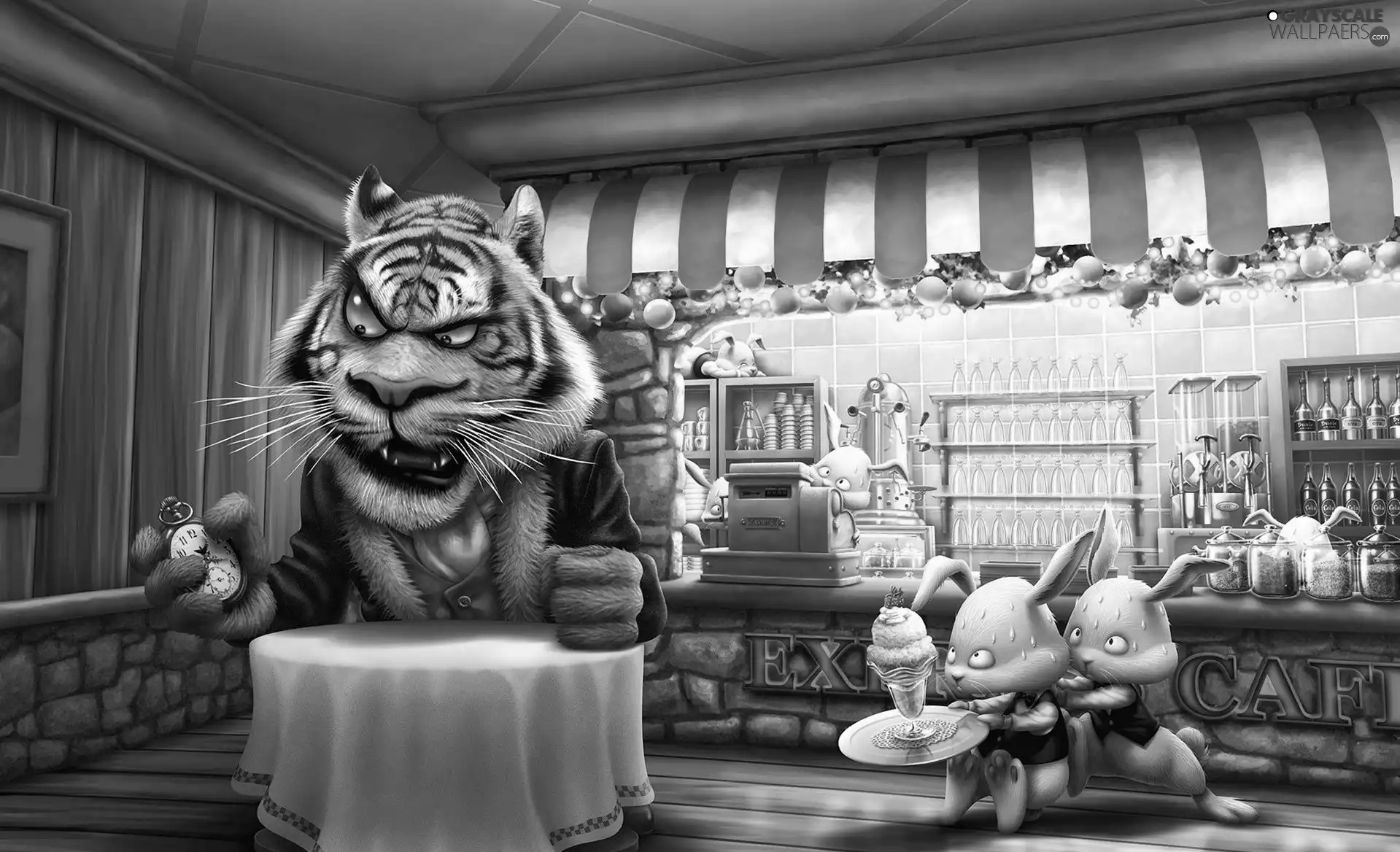 cafe, tiger, rabbits, bad