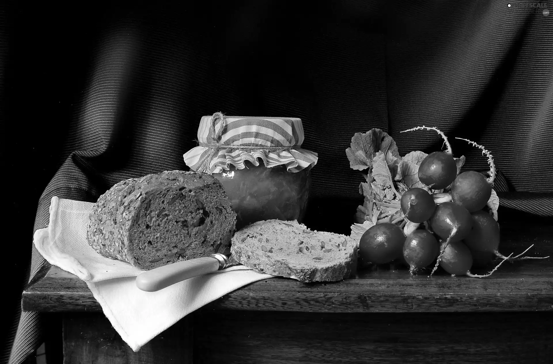 radishes, Jam, bread
