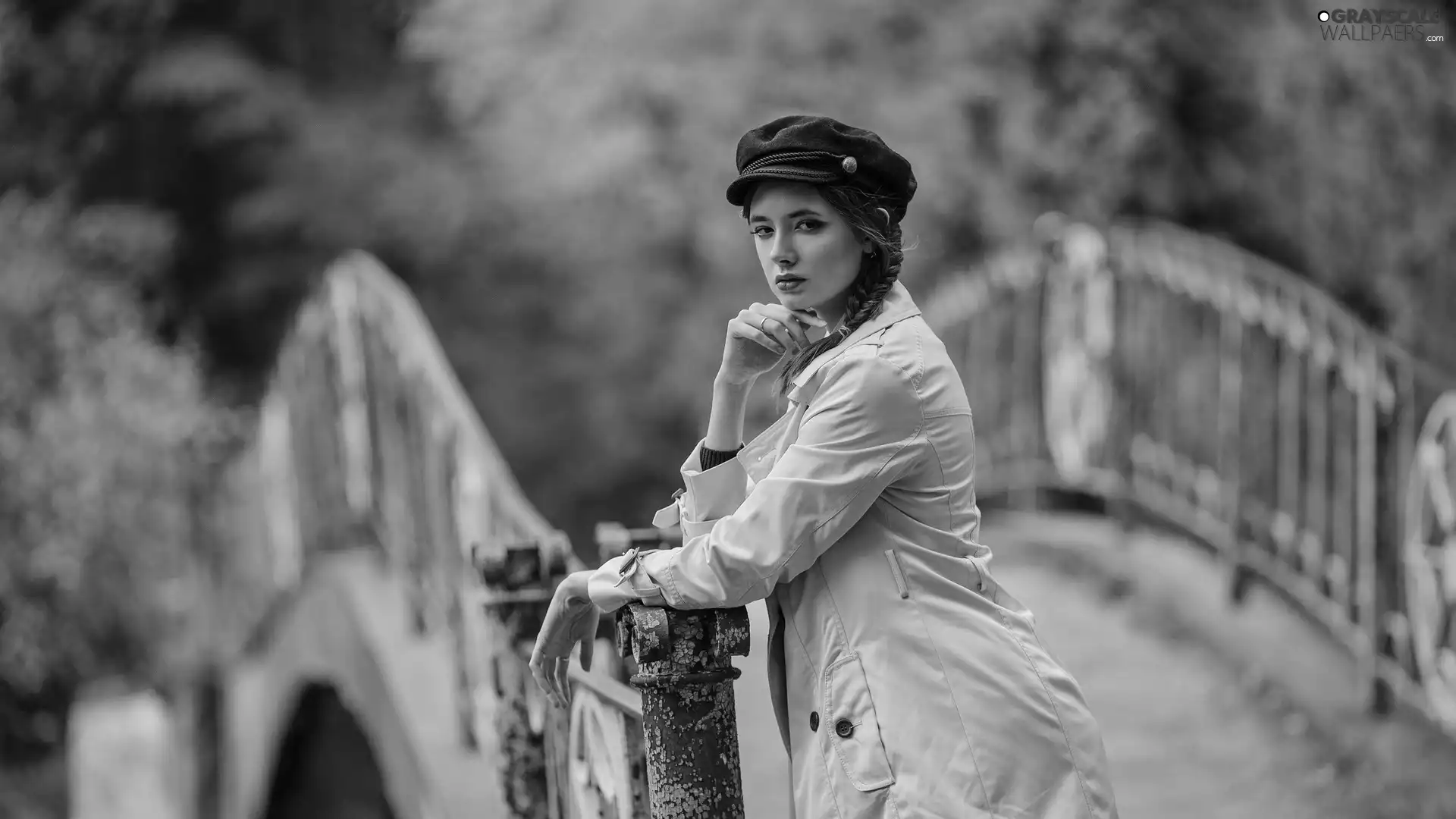 bridge, railing, Cloak, Hat, Women