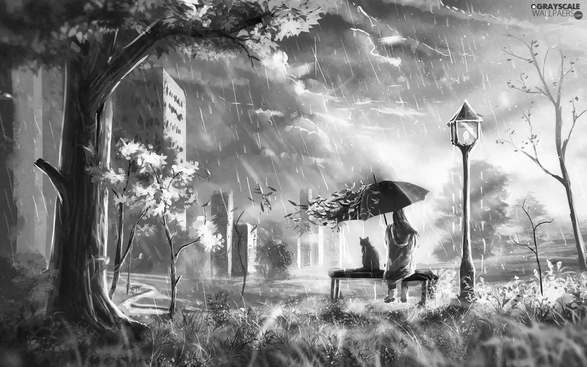 autumn, graphics, Rain, trees, Bench, Umbrella, Human, cat, Houses