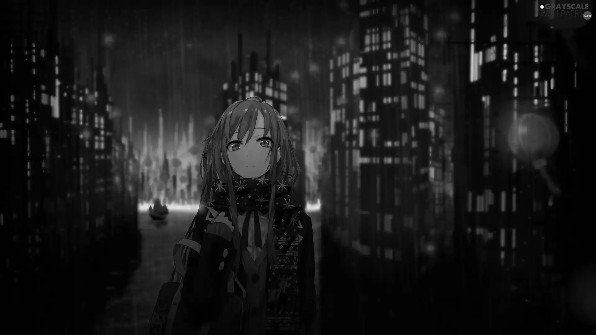 Grayscale Rain, Night, sad, girl, Manga Anime - 1920x1080