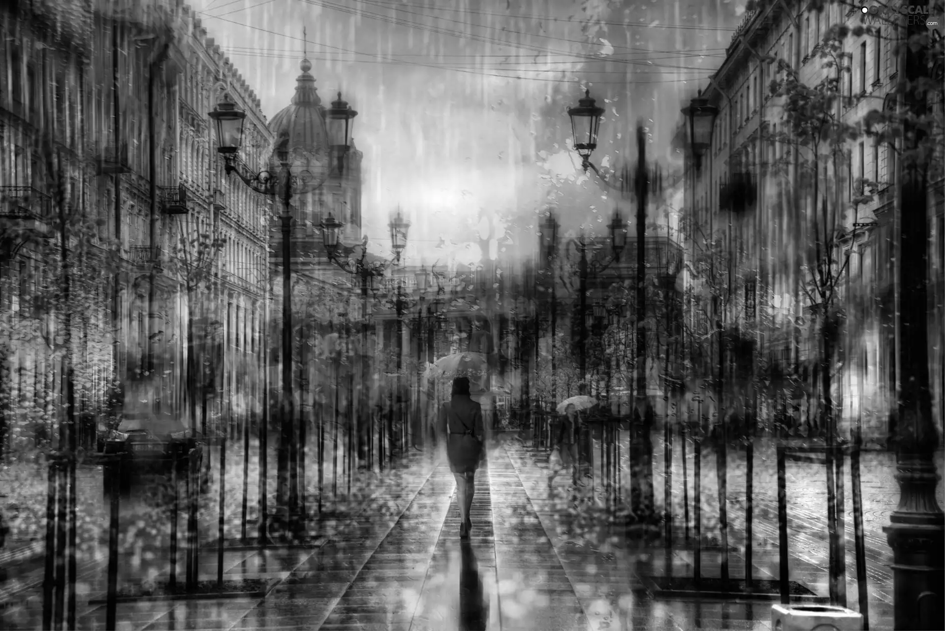 Women, Rain, Houses, Town