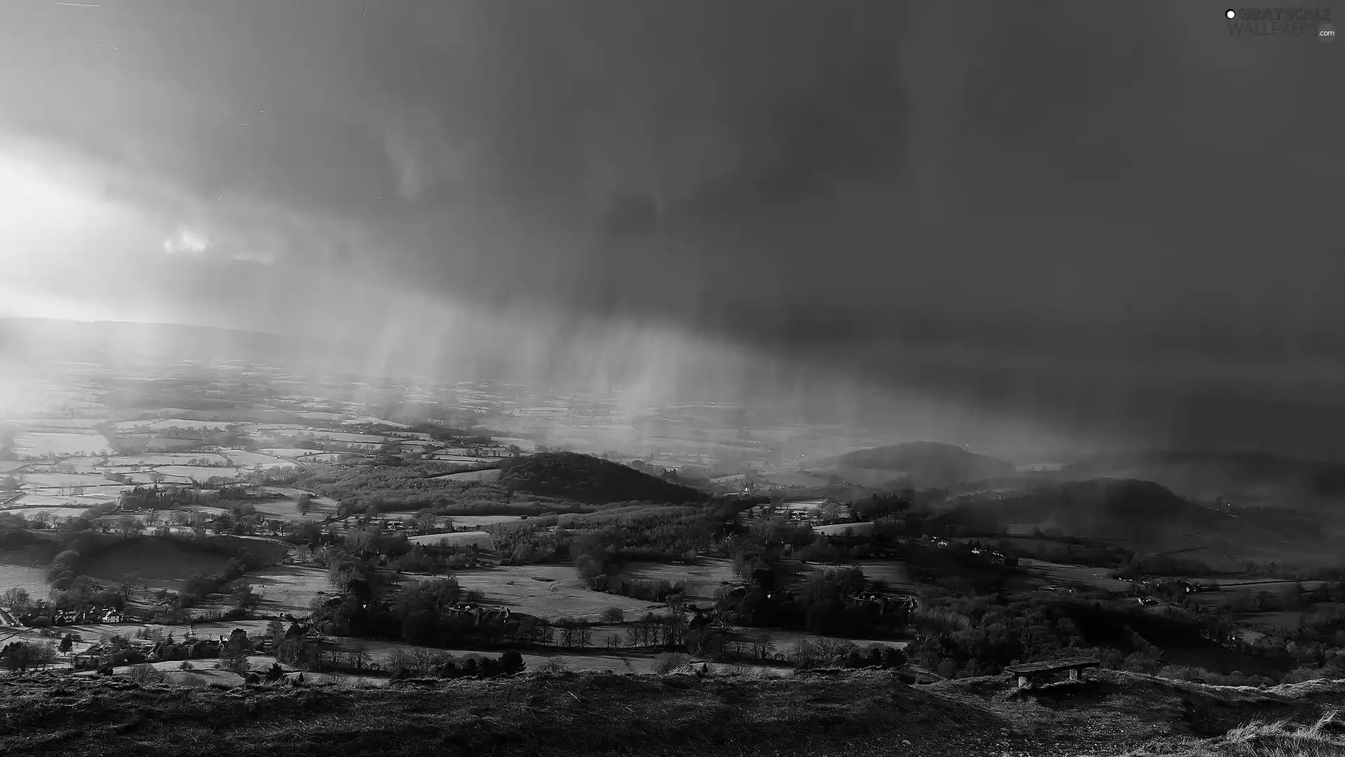 rainy, clouds, Farms, field, medows