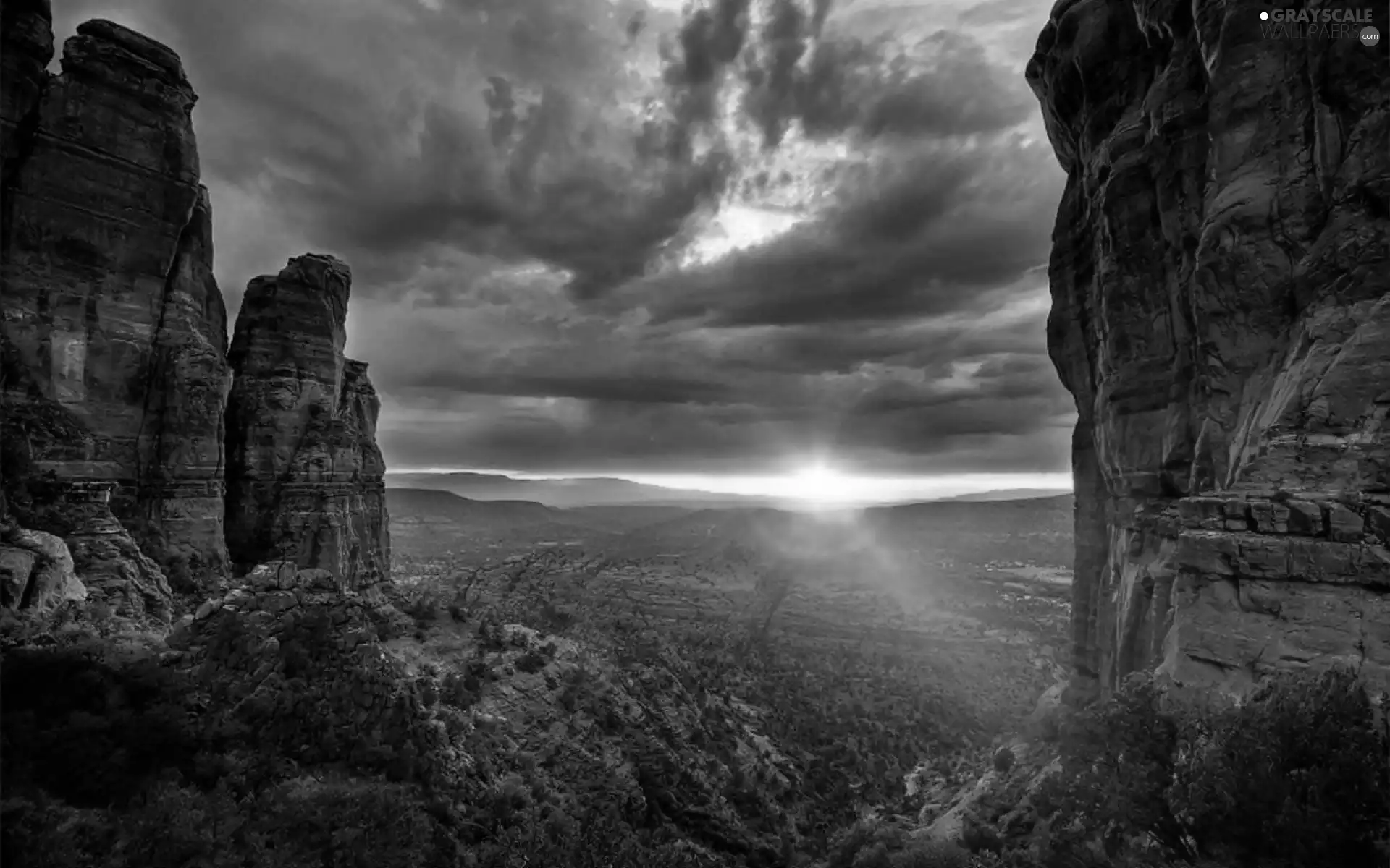 clouds, canyon, sun, forest, rocks, rays, Arizona