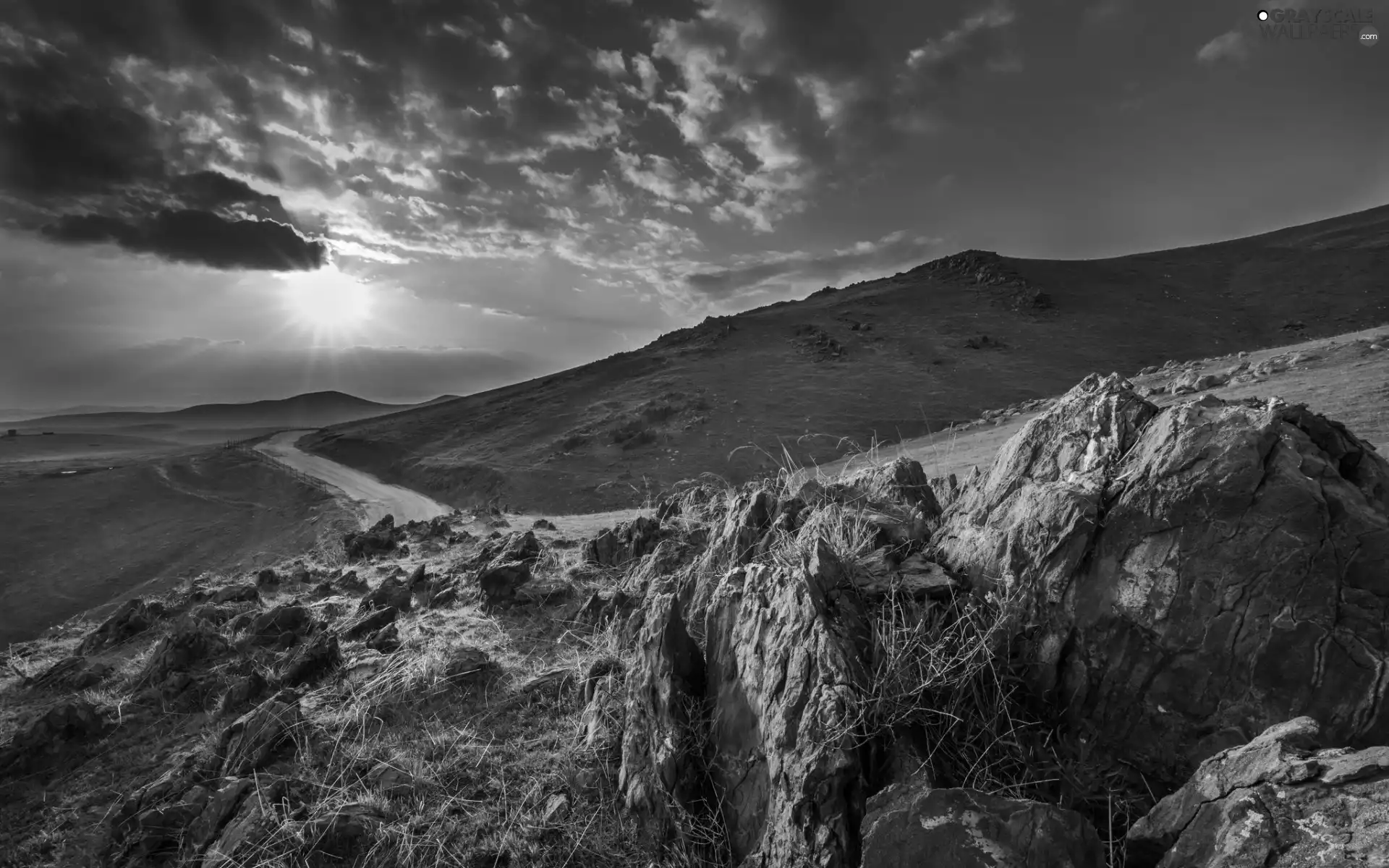 clouds, rocks, sun, Way, Mountains, rays, autumn