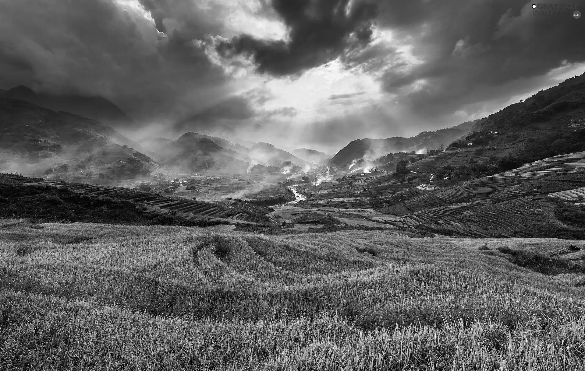 Fog, field, rays, light, Sky, Mountains