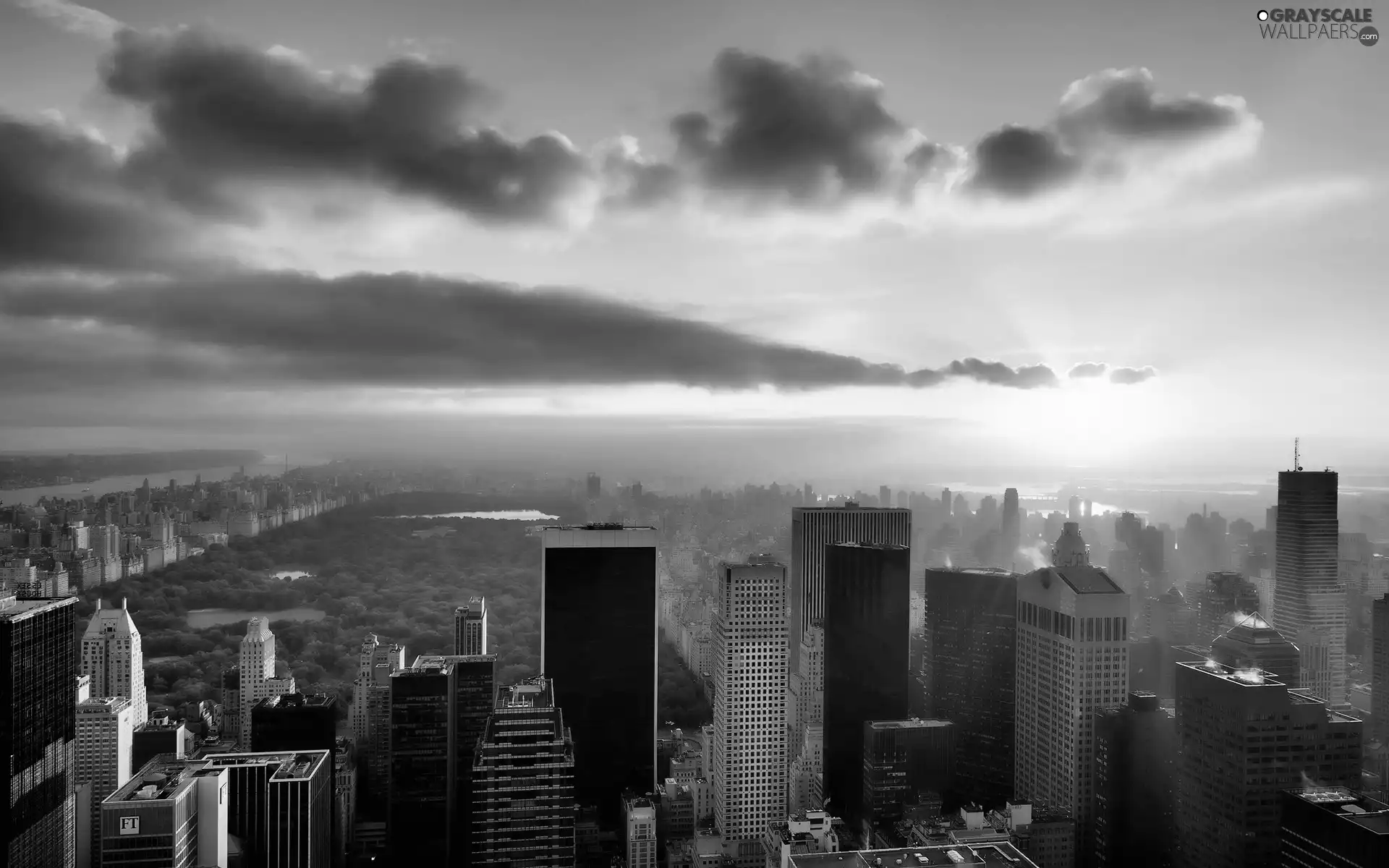 clouds, skyscrapers, rays, sun, panorama, town, New, Jork, clouds