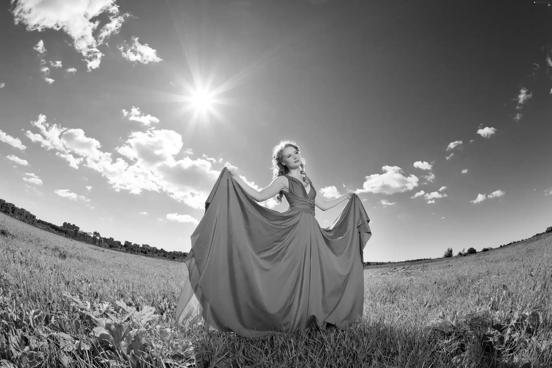 rays, sun, Meadow, clouds, Blonde