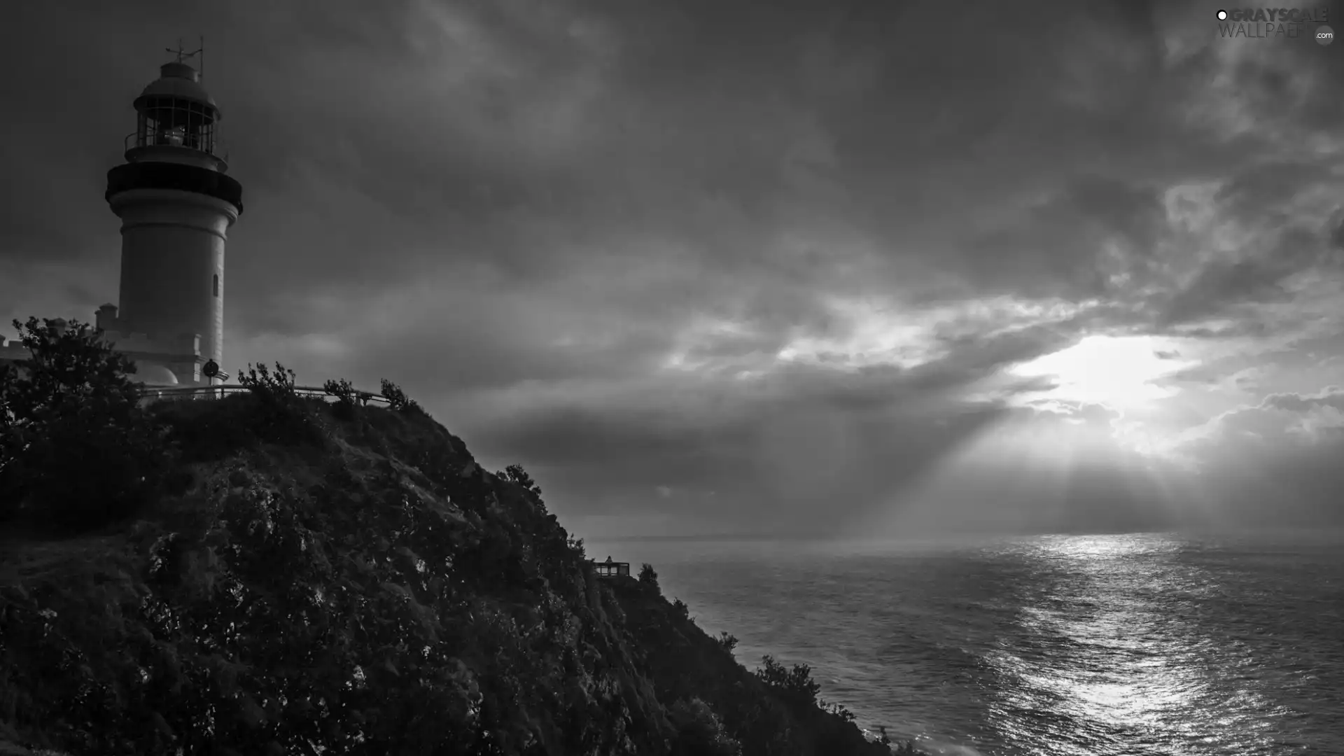 Coast, Lighthouse, rays, sun, clouds, maritime