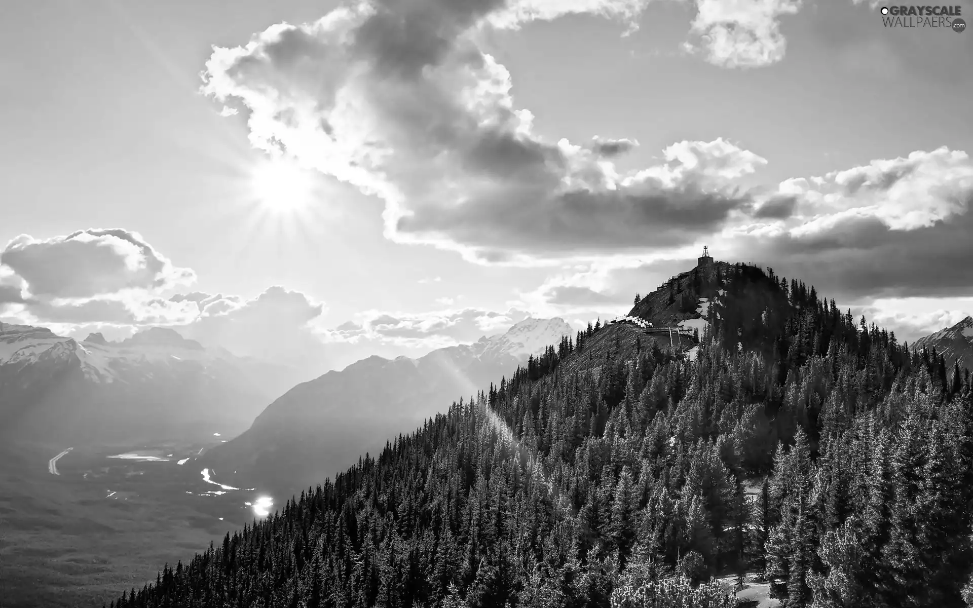 Sky, Mountains, rays, sun, clouds, forest