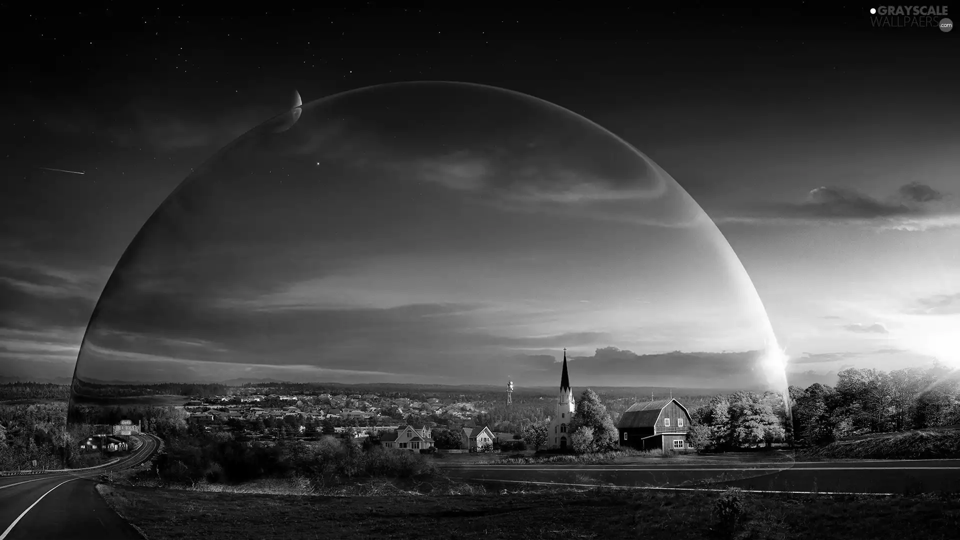 rays, sun, Town, Church, fantasy