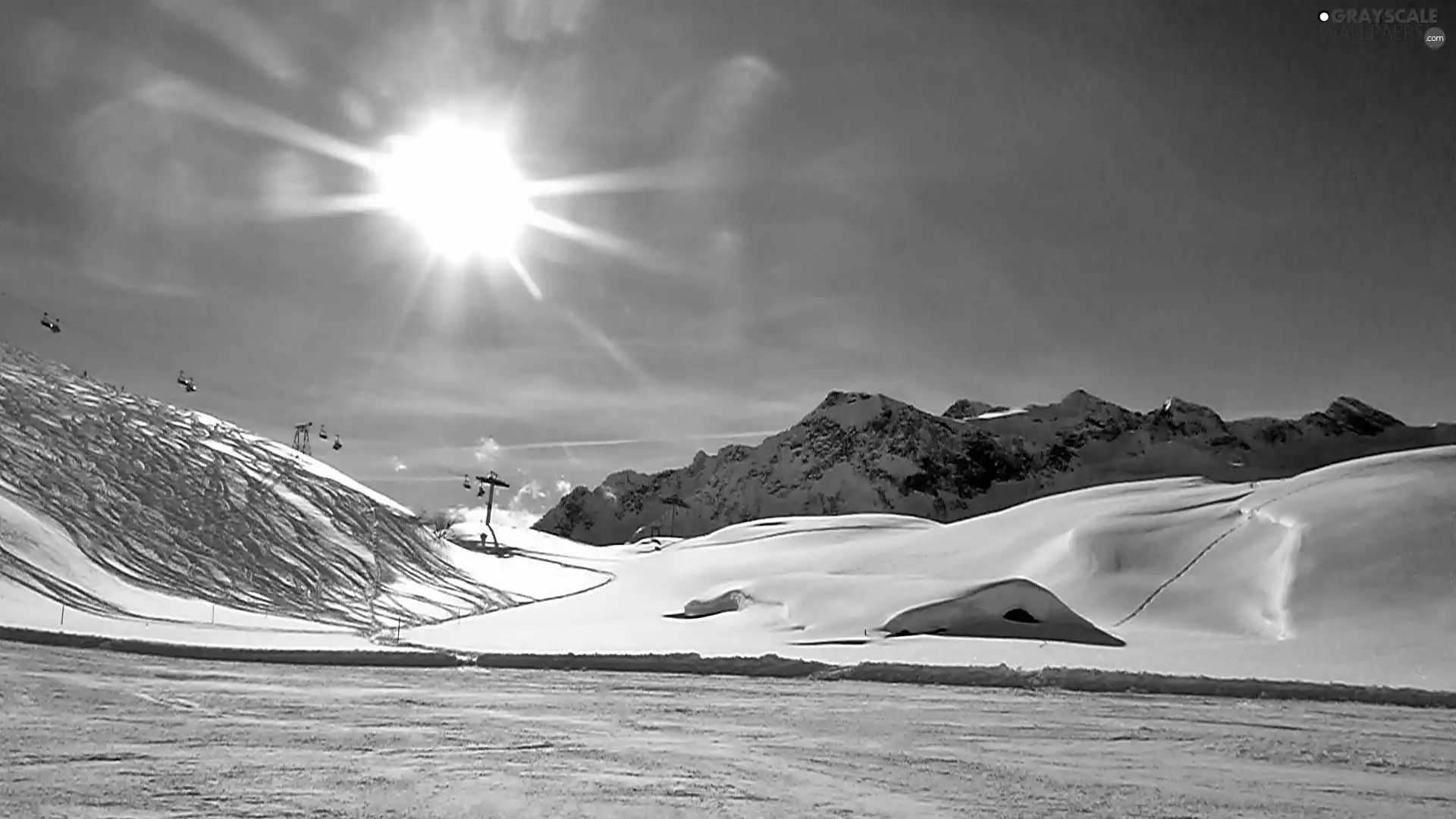 queue, winter, rays, sun, Mountain, Alps