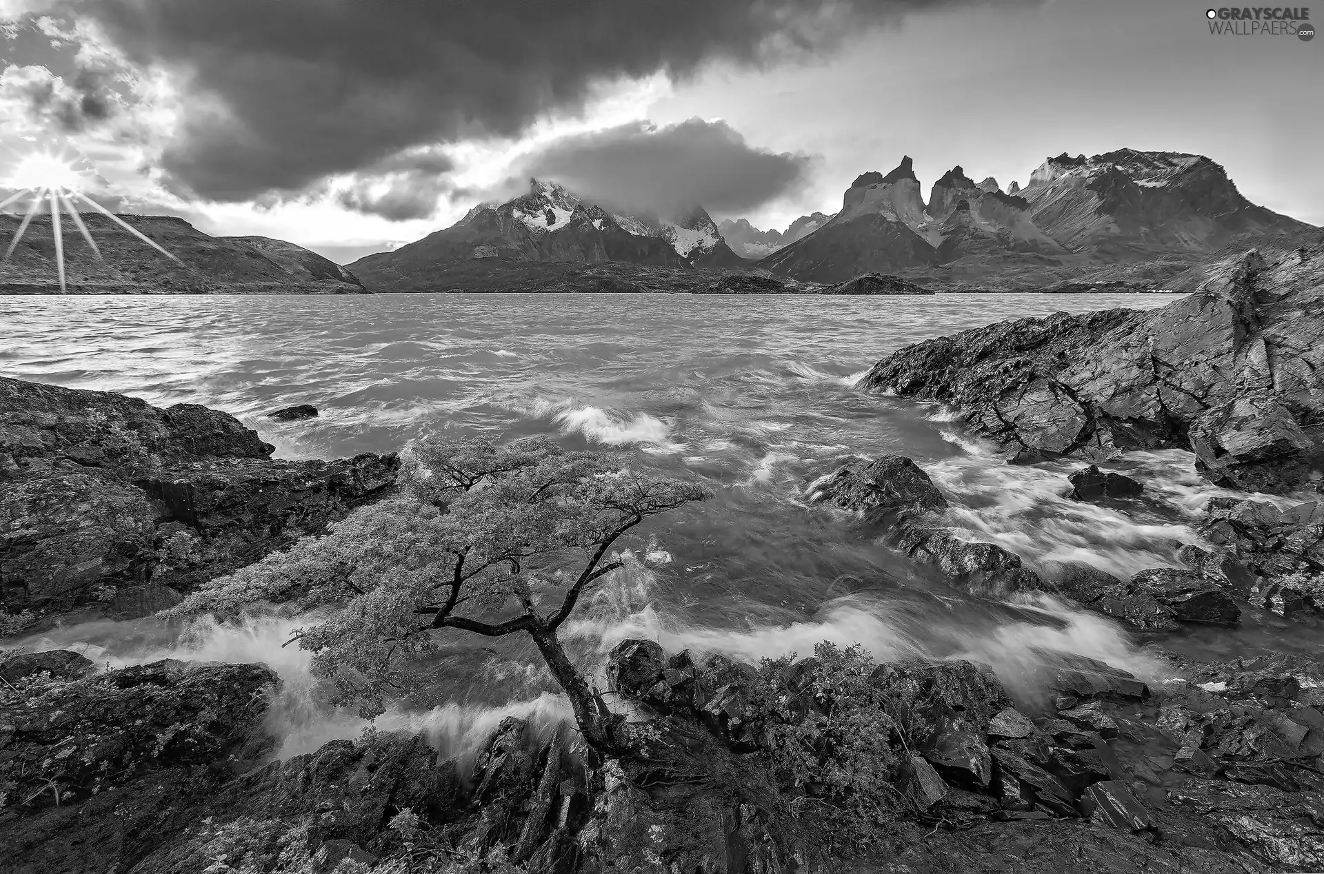 rays, sun, lake, clouds, Mountains