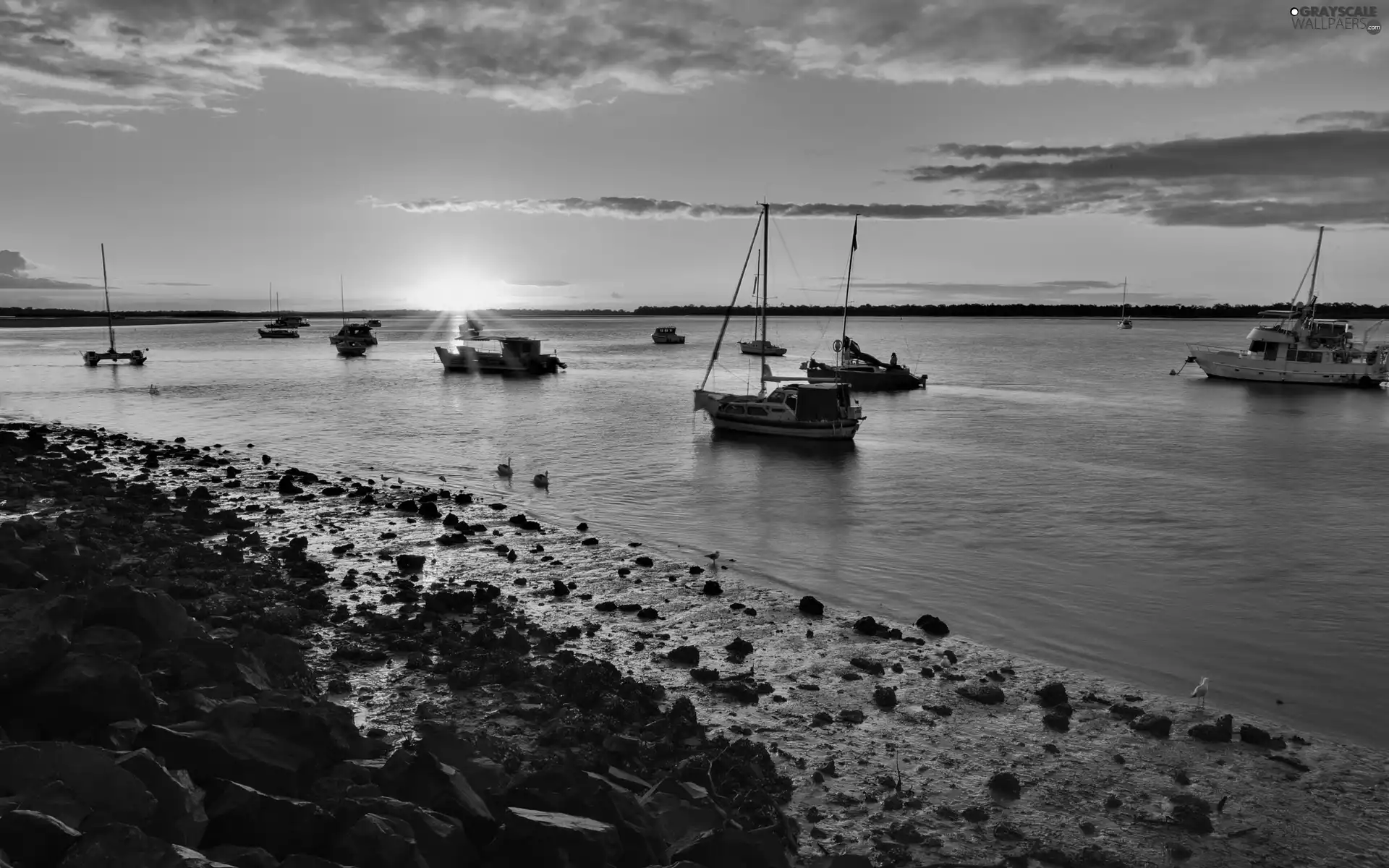 Boats, rays of the Sun, lake, Sailboats