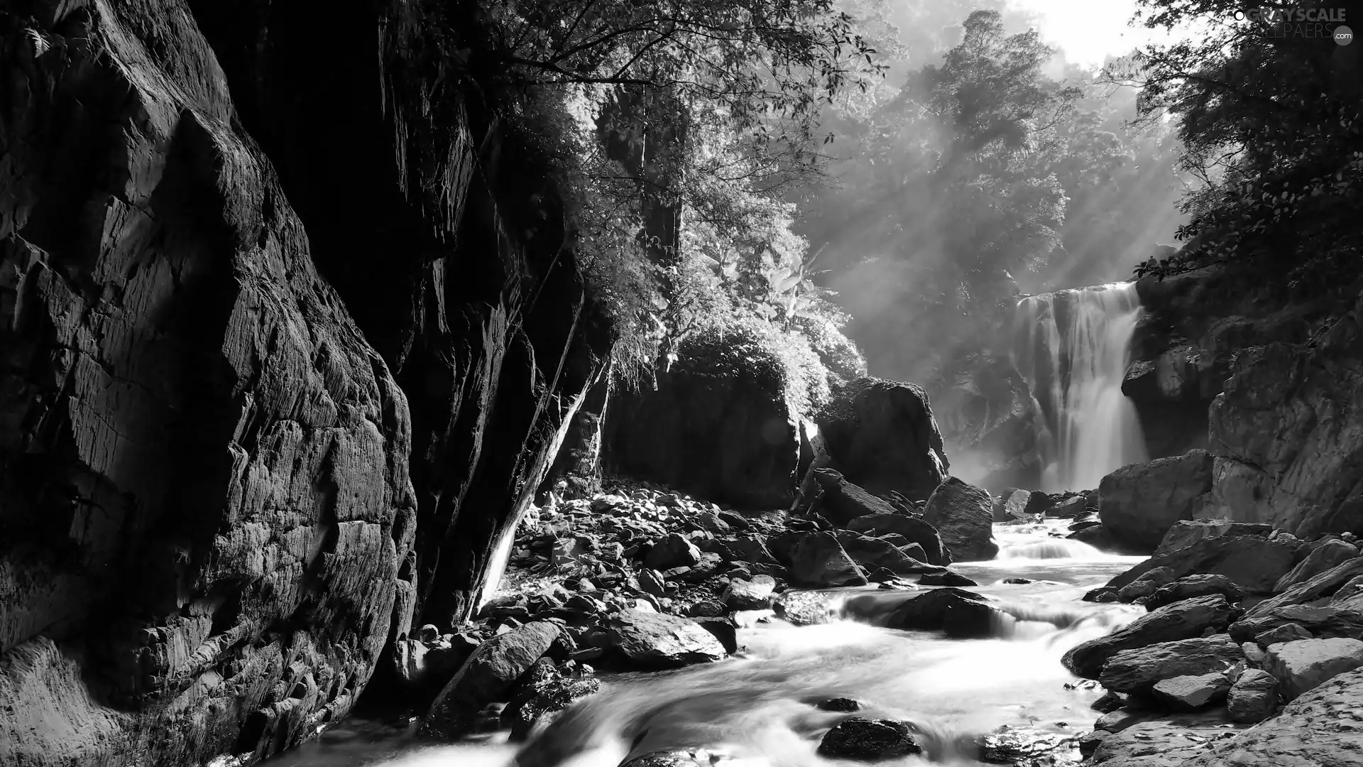 rays, sun, River, waterfall, rocks