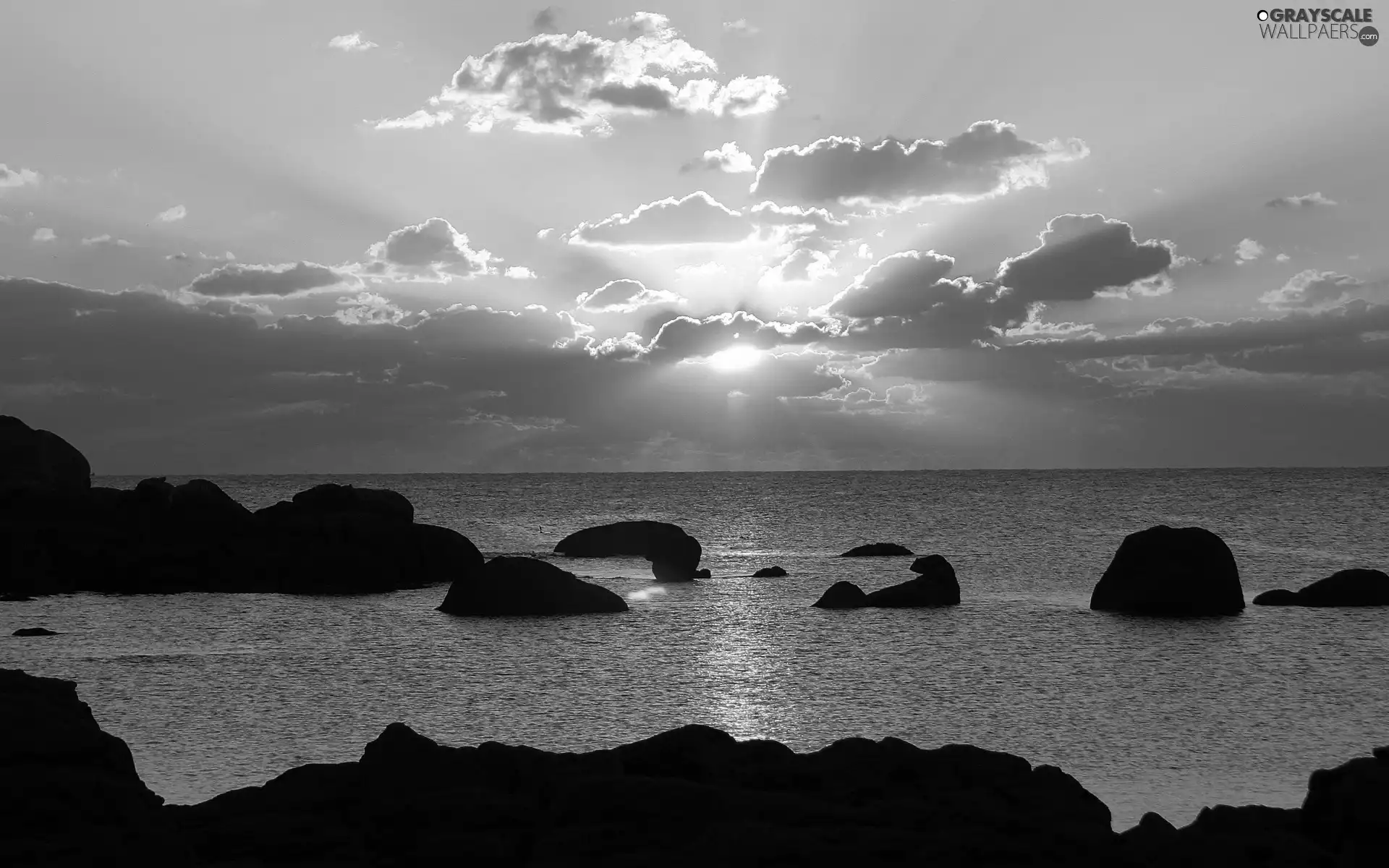 rays, sun, rocks, clouds, sea