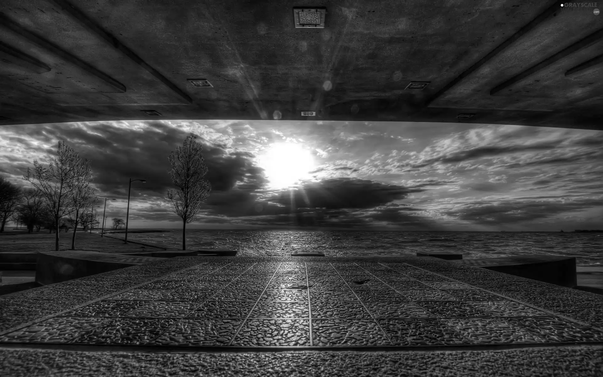 rays, sun, promenade, sea, shed