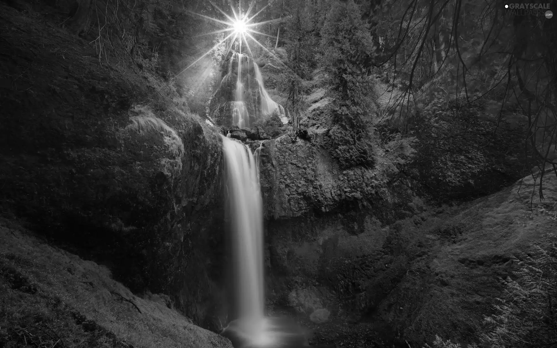 rays, sun, rocks, forest, waterfall