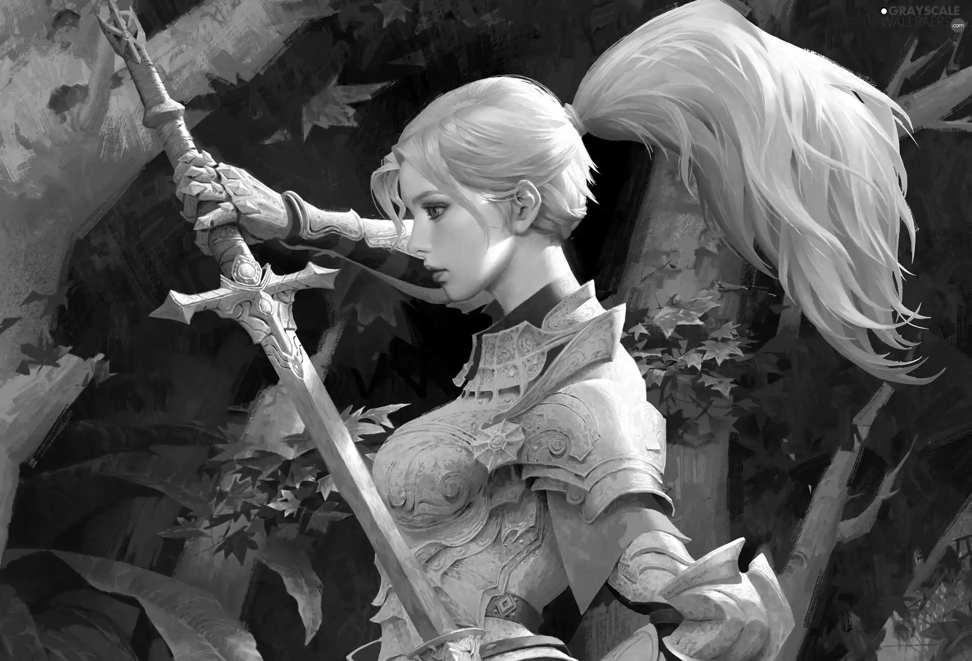 sword, trees, graphics, viewes, Leaf, Armor, Women, Red