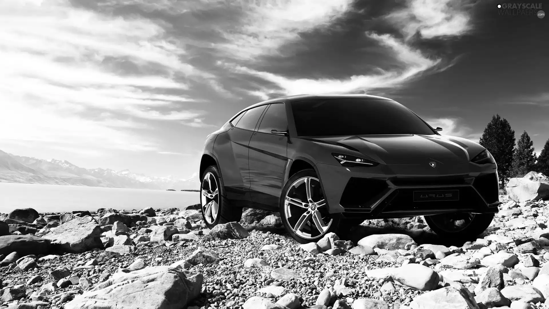 Red, Lamborghini Urus, Stones, Sky, River