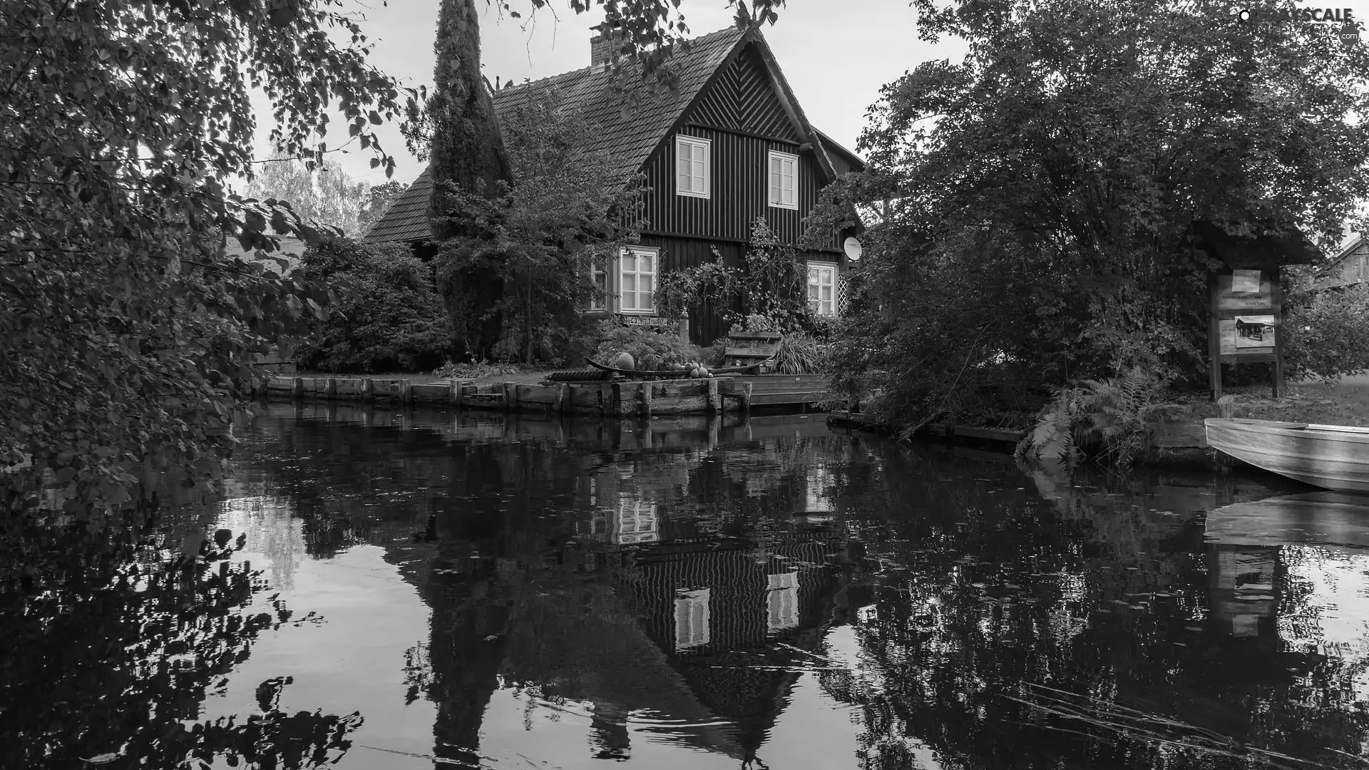 River, house, viewes, reflection, trees, canal