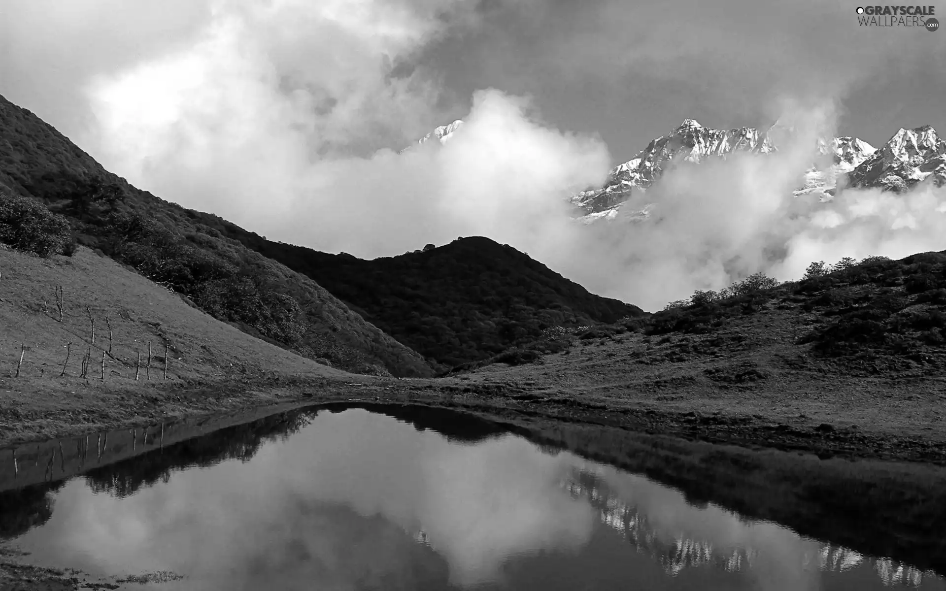 Pond - car, Mountains, reflection