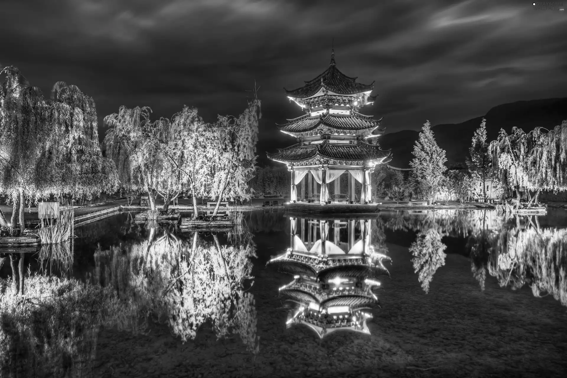 viewes, house, reflection, China, lake, trees