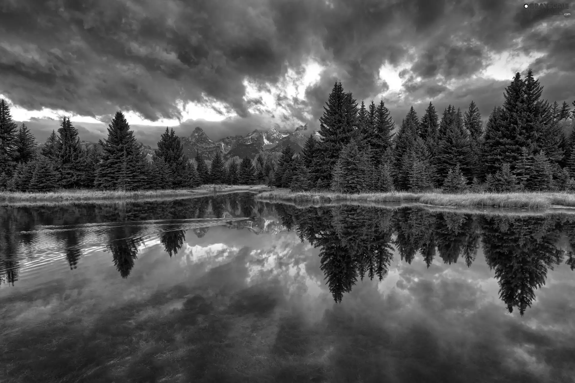 reflection, Mountains, clouds