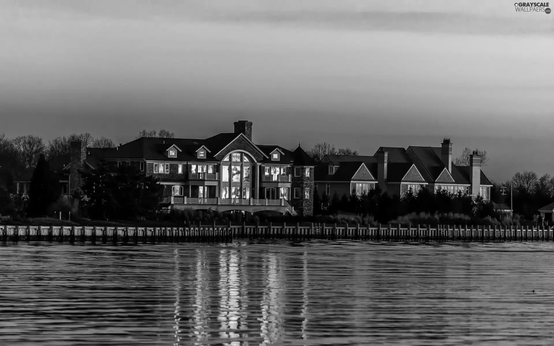 Floodlit, River, reflection, house