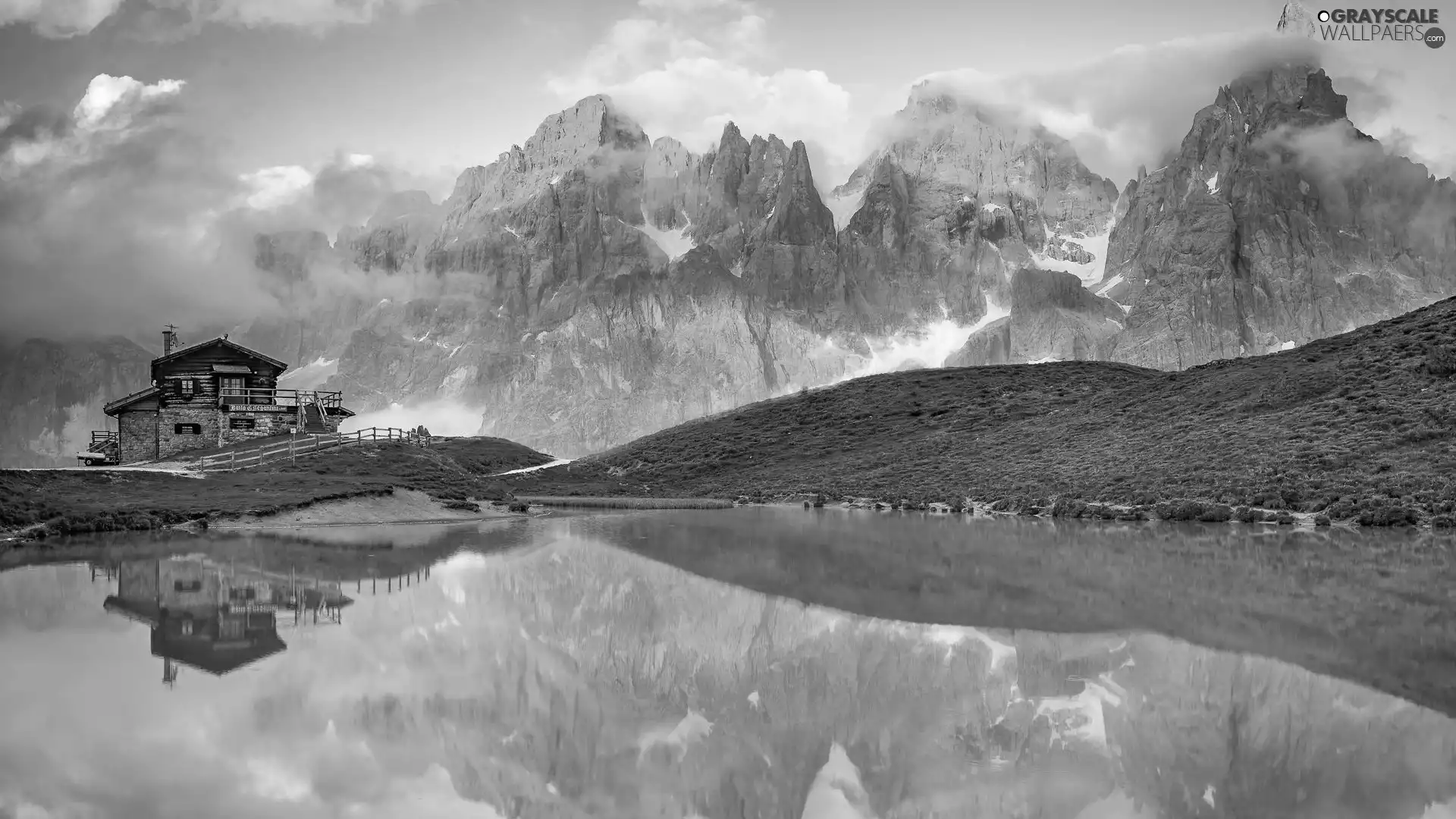 house, Mountains, Fog, reflection, clouds, lake