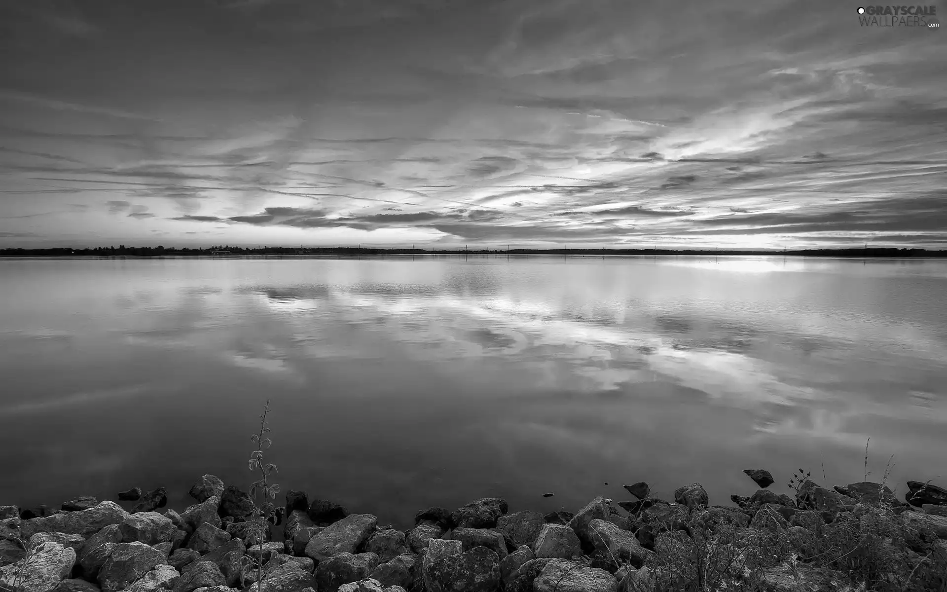 lake, Stones, reflection, clouds