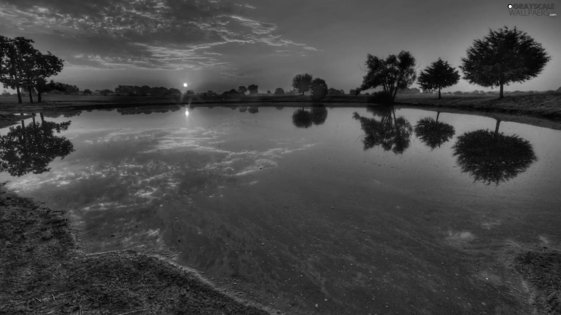 lake, sun, reflection, west